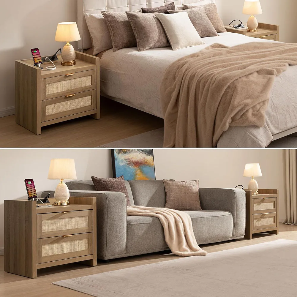 product modern nightstand type c charging station 2 drawers storage natural oak finish bedside night stand rattan bedroom furniture-1