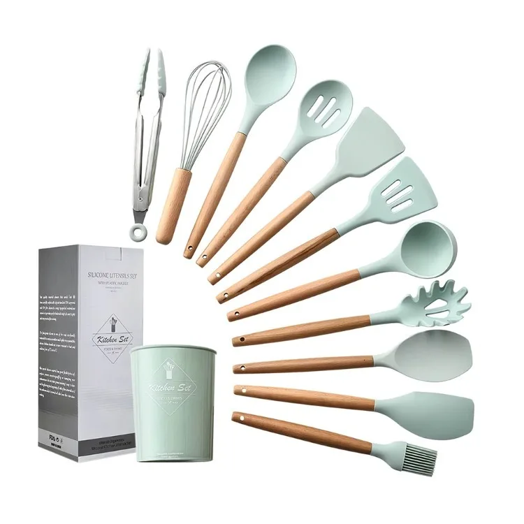 Kitchen Utensils Set 11Pcs Silicone Non-stick Barreled Cooking Utensils Set Silica Gel Utensil Wooden Handle Kitchenware Set