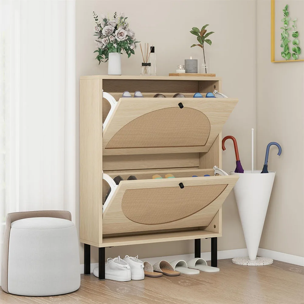 product modern free standing shoe cabinet with 2 flip drawers for heels and slippers wood panel style for home or living room-7