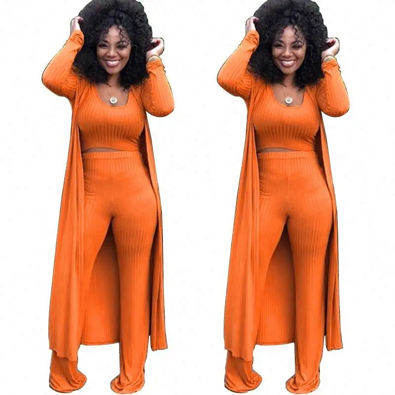 New arrival Solid Casual Long Coat  Outfits Jumpsuit Ribbed Knit 3 Piece Set Women Clothing Plus Size Fall 20231 Women Clothes