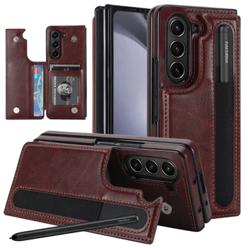 Full Coverage Foldable Screen PU Leather Shockproof Protective Case For Samsung Galaxy Z Fold 5 Mobile Phone Case with Pen Slot