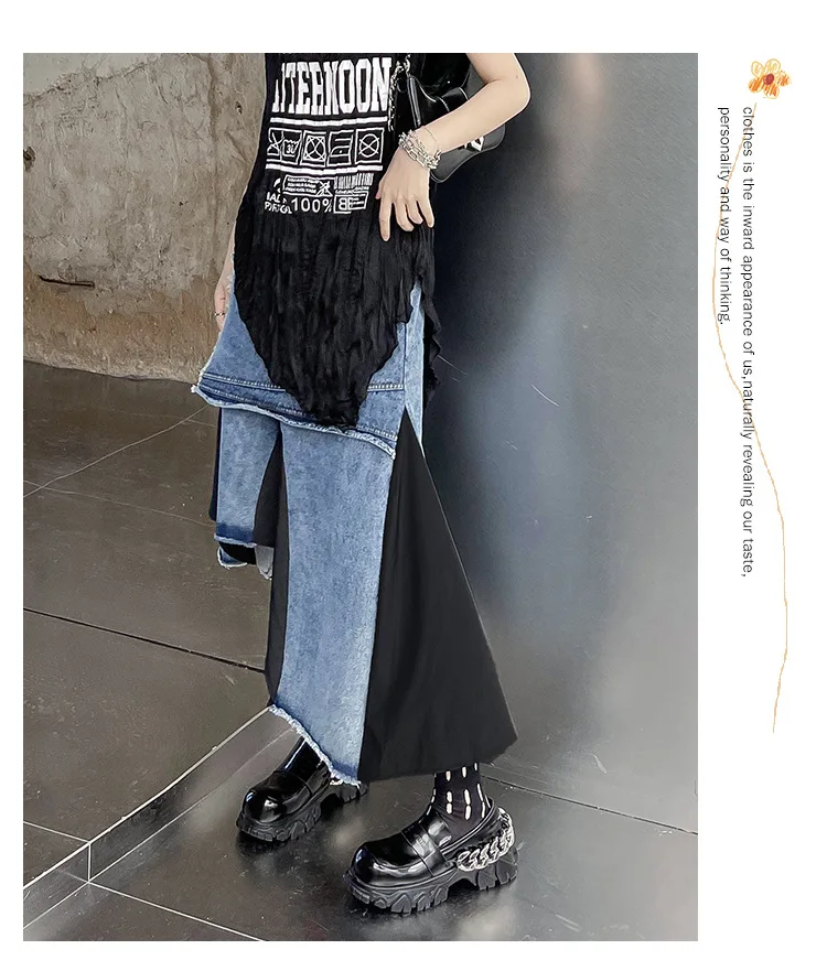 Summer Color Contrast Irregular Patchwork Skirts for Women High Waist Fashion Long Denim Skirt manufacture