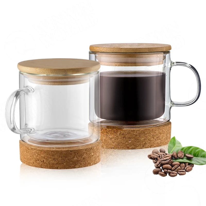 Bamboo fiber coffee cup with bamboo lid double wall insulated glass coffee tea cup with cork bottom, best christmas mug gift Bamboo fiber coffee cup with bamboo lid double wall insulated glass coffee tea cup with cork bottom, best christmas mug gift