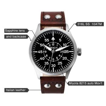 High-End Custom 316l Steel Genuine Leather Bracelet top grade Vintage Automatic Winding Pilot Wrist Watches military watch