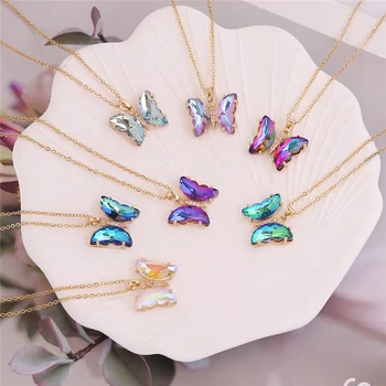 Vintage Stainless Steel Chain Butterfly Brass Inlay Rainbow Glass Shining Crystal Charm Pendant Necklace Women Jewelry