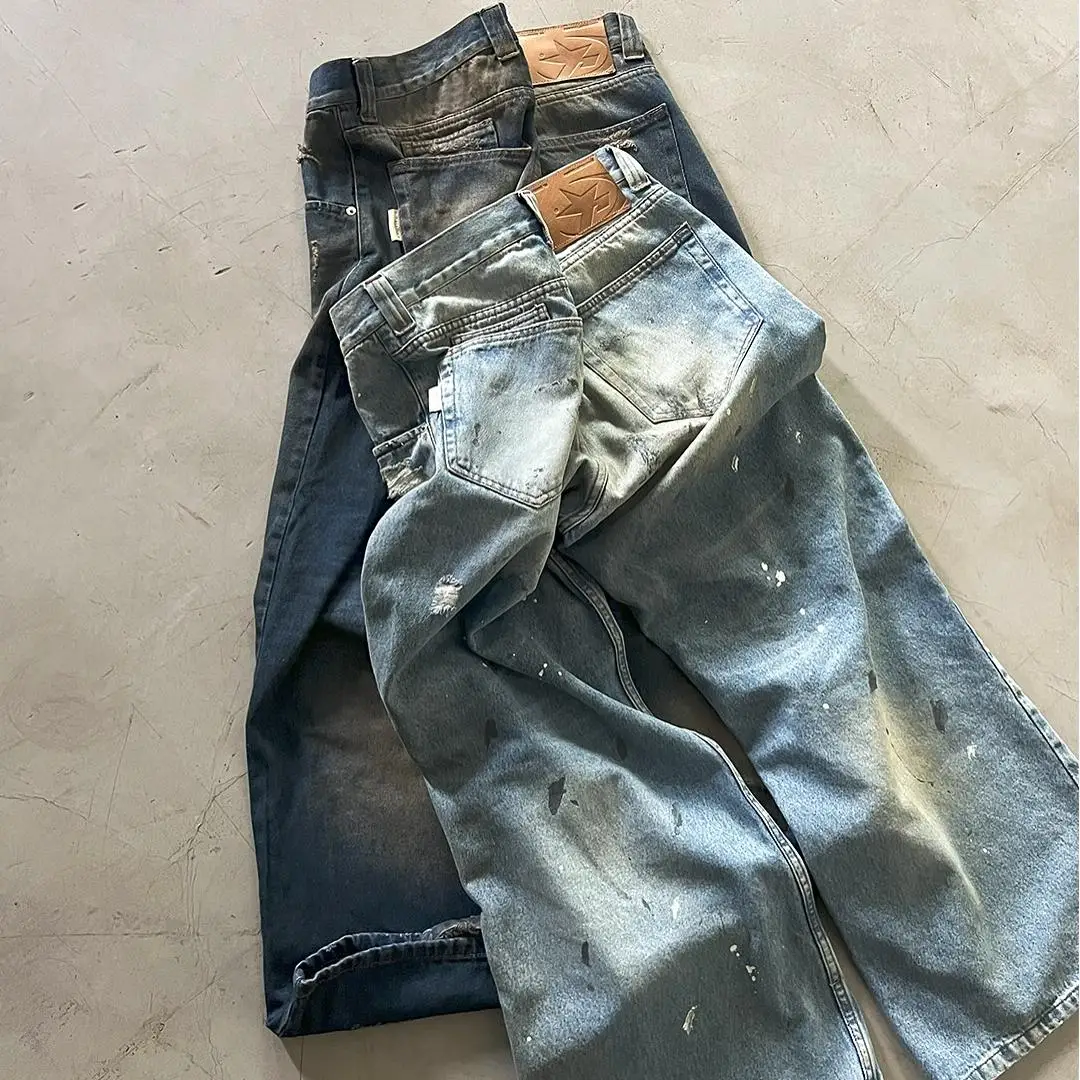 product custom pocket style street distressed retro jeans loose mens sun bleached knee ripped hole wide leg pants-2