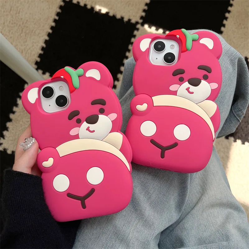 Wholesale Mobile Cover Cartoon Strawberry Bear Silicone Cute Phone Case for Apple iPhone 15 14 13 12 pro max 11