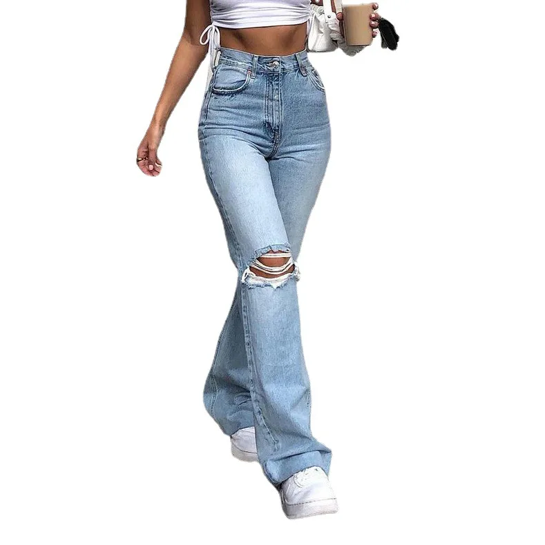 New Casual Fashion Zipper Pocket Wide Leg Pants Ripped Flare Denim Womens Jeans supplier