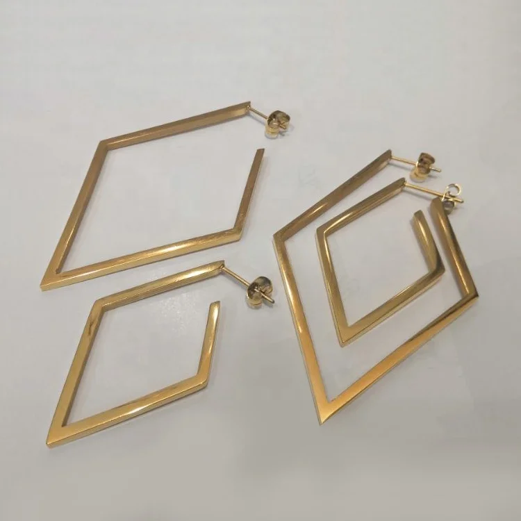 18K Gold Plating Stainless Steel Jewelry Geometric Big Rhombus Earrings Shiny Gold Color For Women Drop Earrings BE171035