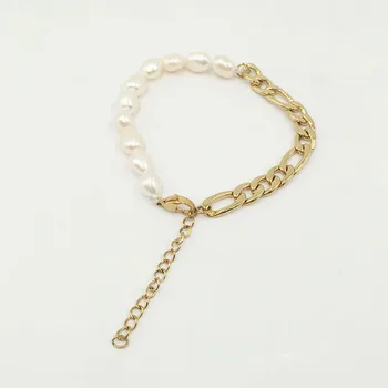 100% nature freshwater pearl bracelet , 6.5-9.5 mm baroque pearl bracelet mixed with stainless steel chain ,18k gold plating