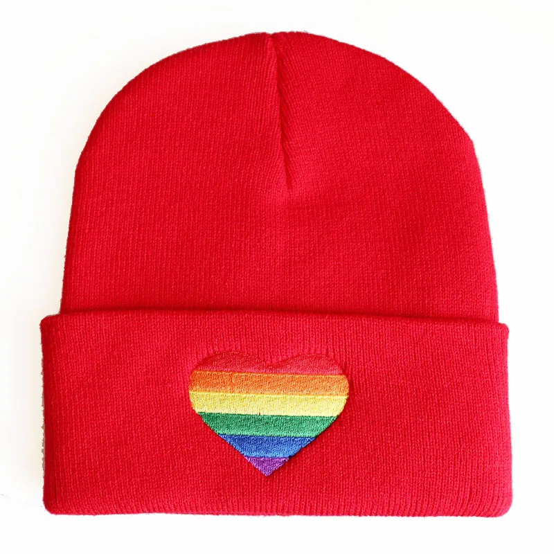 Gay Lesbian Festival Party LGBT Rainbow Heart Embroidered Knitted Winter Spring Knit Beanie Hat Christmas gifts