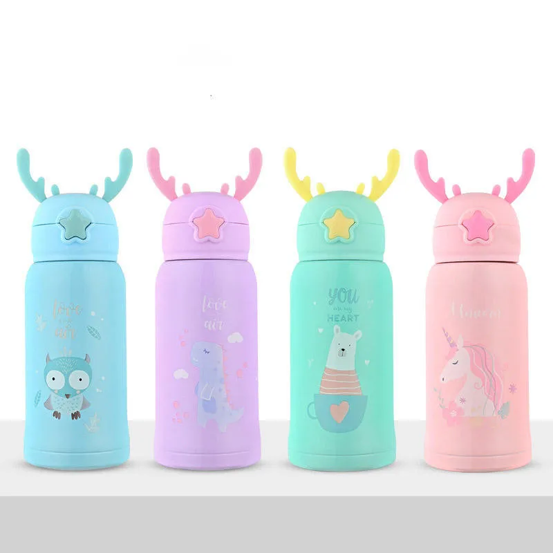 Food Grade Double Wall 316 Stainless Steel Vacuum Flask Cute Cartoon Kids Insulated Water Bottles With Bag