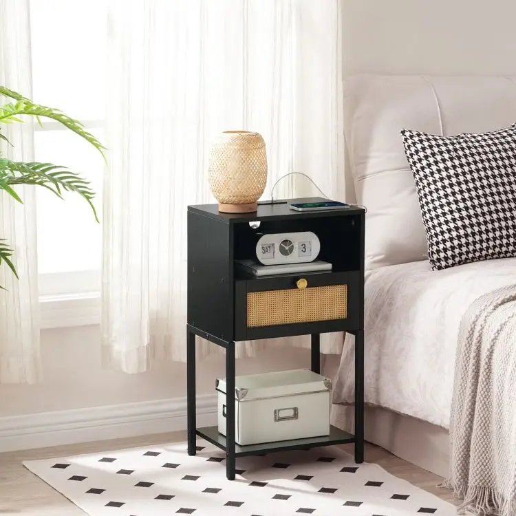 Modern Rattan 1 Drawer Bedside Table Bedroom Furniture Wooden Black Nightstands Bedside Cabinet With Charging Station Usb Ports