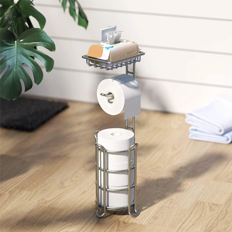 Home toilet paper holder free standing  metal chrome roll storage rack with phone shelf tissue dispenser organizer for bathroom