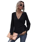 Blouse Ladies Fashion Autumn V-neck Belt Up Blouse Ladies Knitted Commuting Blouse