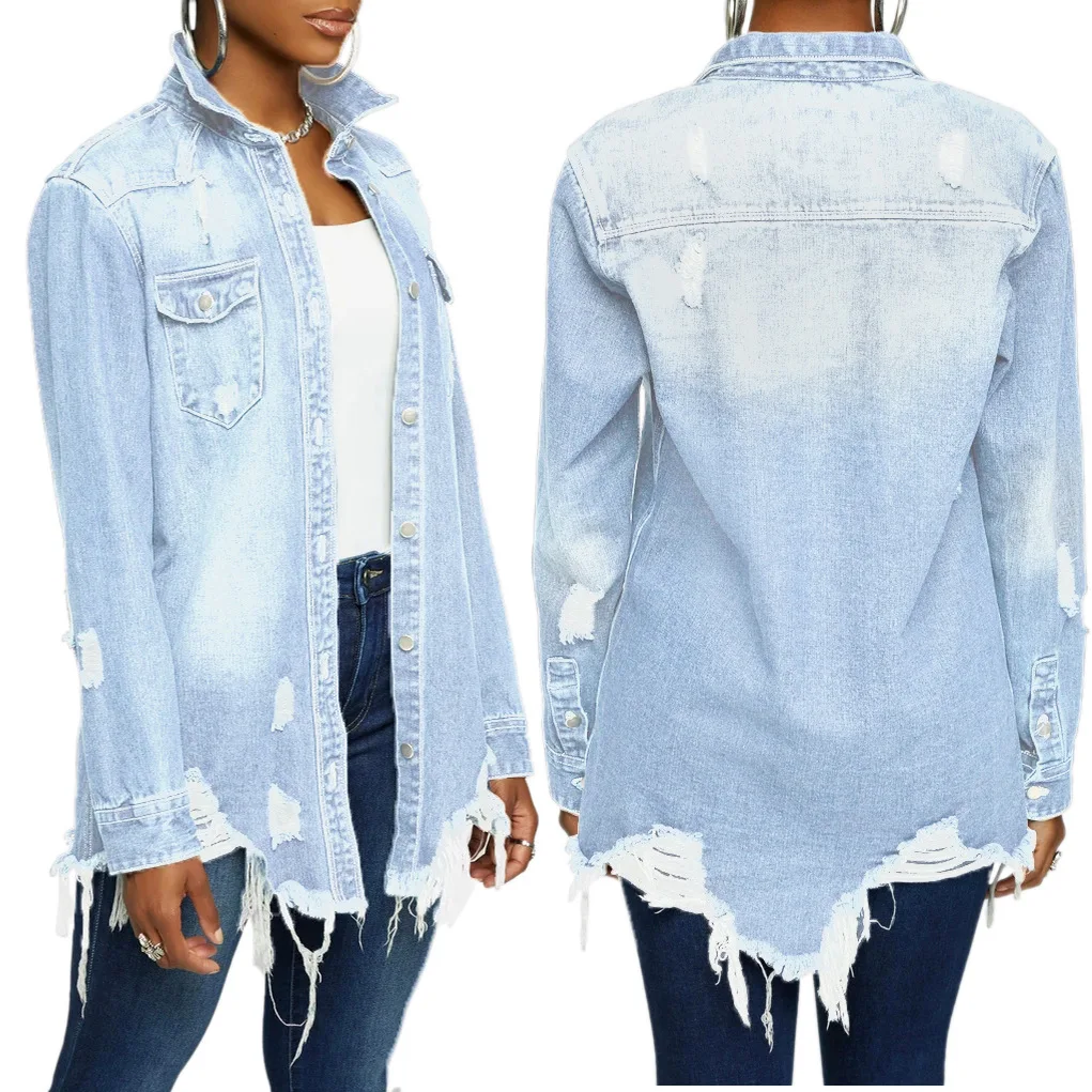 Hot Selling Women's Casual Long Sleeve Denim Shirts Loose Fit Ruffled Collar Solid Pattern Blouse Top Direct Wholesales details