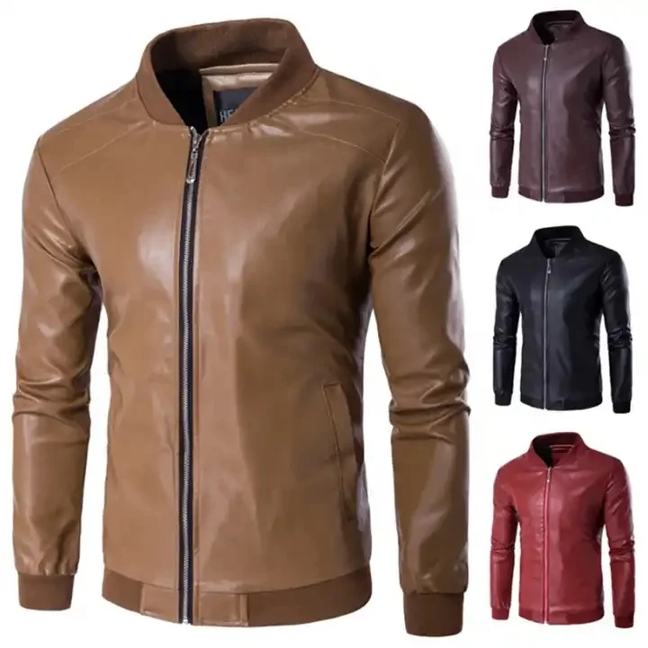 chuida Mens Stand Collar leather jacket Motorcycle Lightweight leather jacket men Faux Leather Bomber Casual Outwear