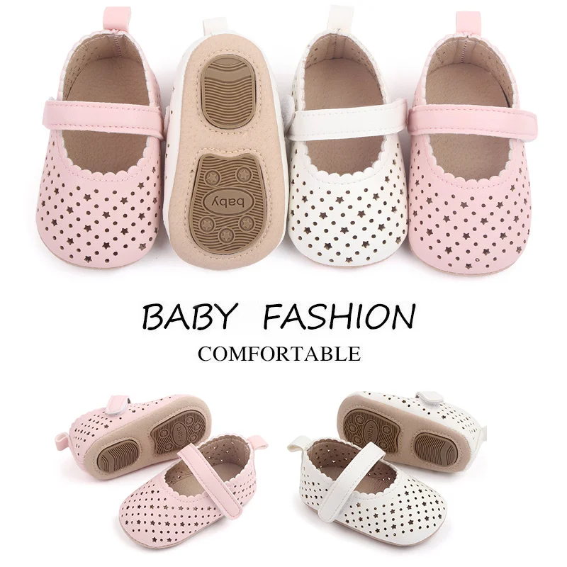 New Pu Leather Face Solid Color Hollow Circle Star Baby Soft Soled Princess Toddler Leather Shoes supplier