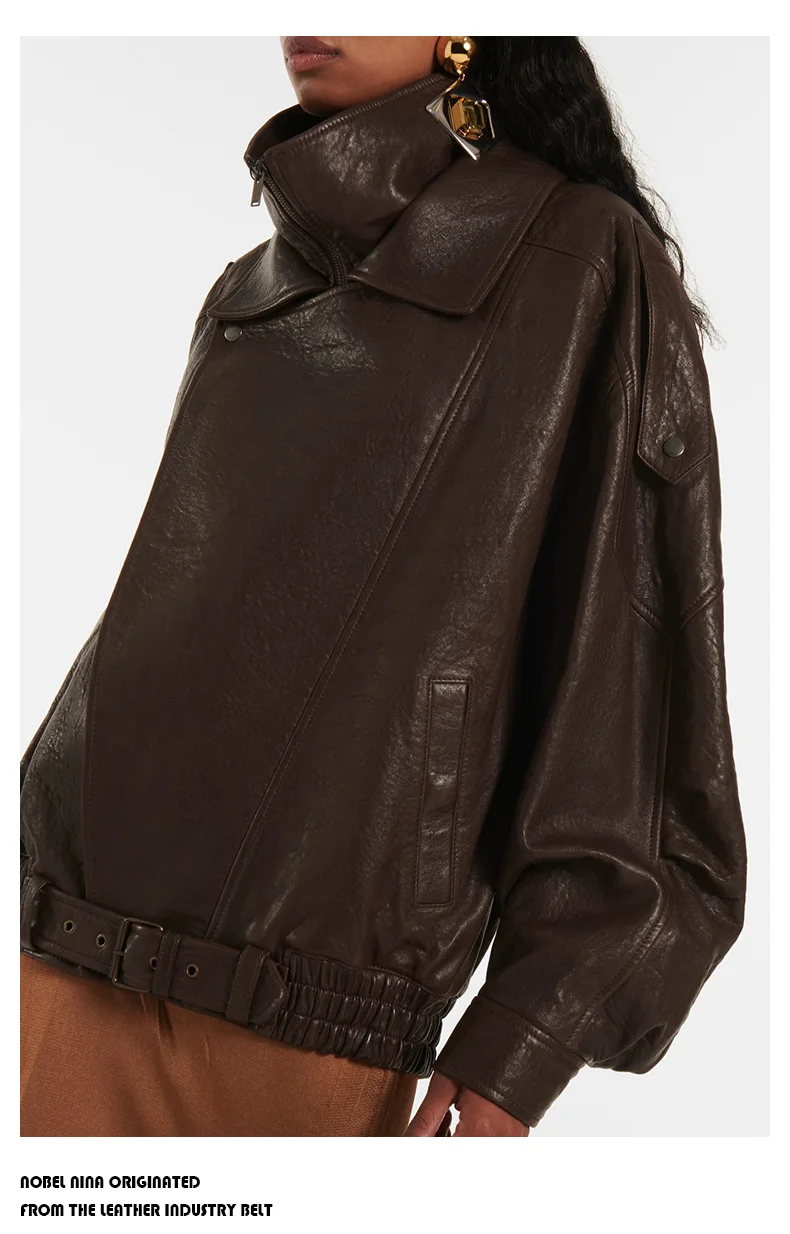 New Heavy Workmanship Goatskin Retro Unisex Button up Collar Solid Genuine Leather Motorcycle Jacket Autumn Women details