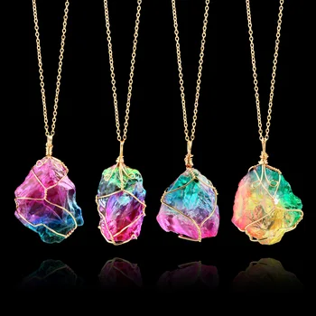 Rainbow Natural Stone Pendant Necklace Fashion Crystal Chakra Rock Necklace Gold Color Chain Quartz Long Necklace For Women Gift