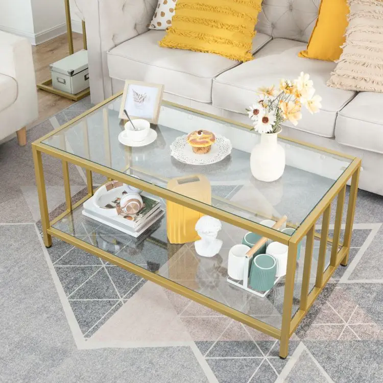 Custom Good Price Square 2-Tiers Glass Coffee Table with Golden Steel Frame Modern Simple Center Table With Open Storage Shelf