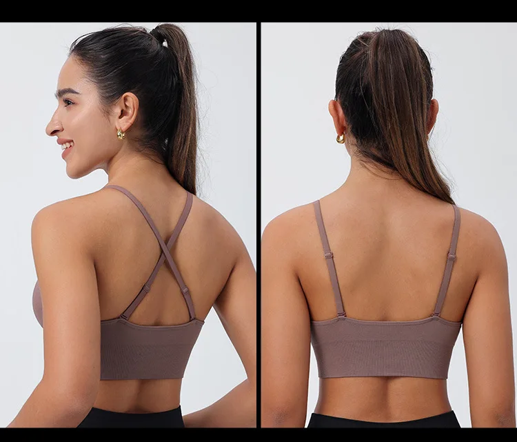 2024 New Deep V Nude Triangle Cup Sports Bra Push Up Body Hanging Neck