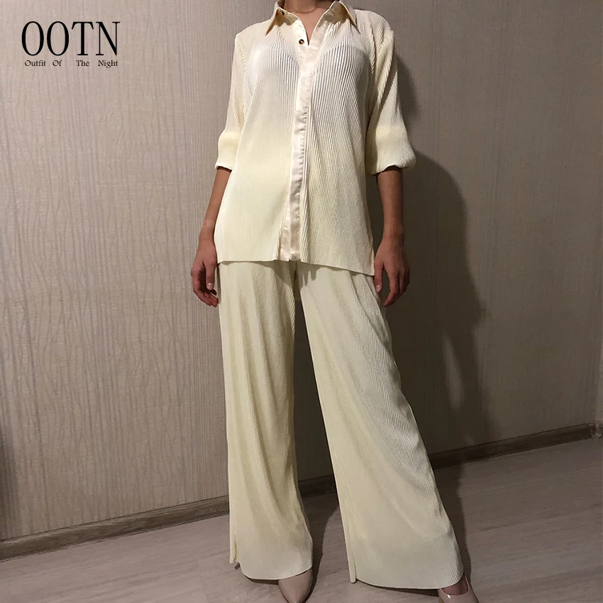 Elegant Pleated Beige 2 Piece Pant Sets 