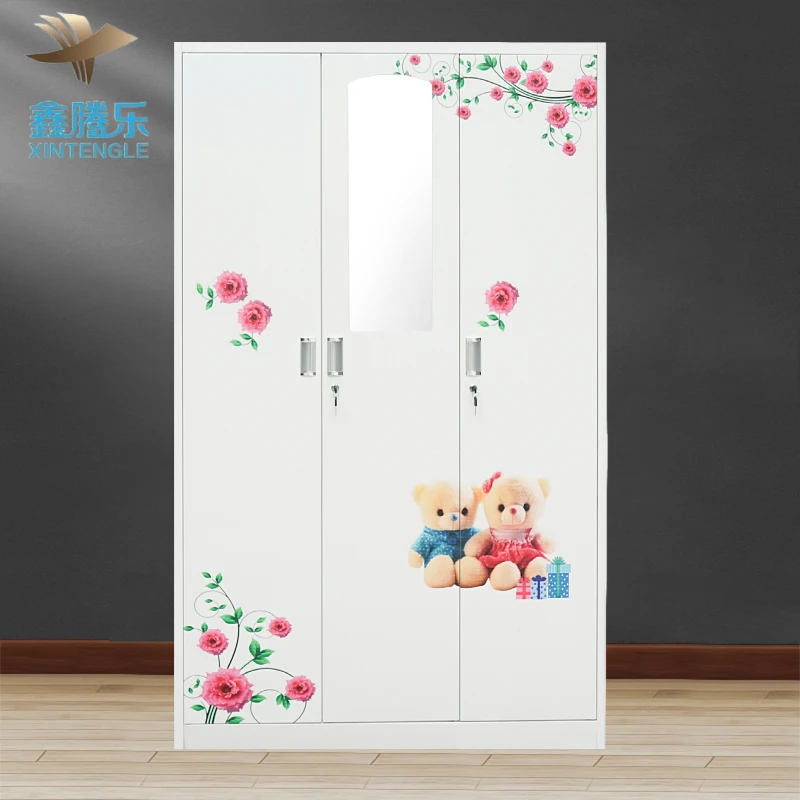 Hot Sale Customized White Color Mirror swing doors modern design pattern transfer metal wardrobe steel almirah