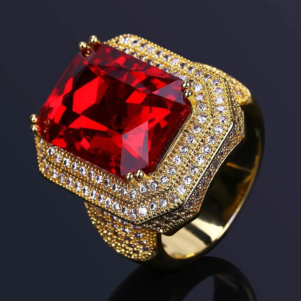 Big Red stone Red ruby stone Prong Paved gold ring iced out 18k gold plated big size square shape ring for man and women