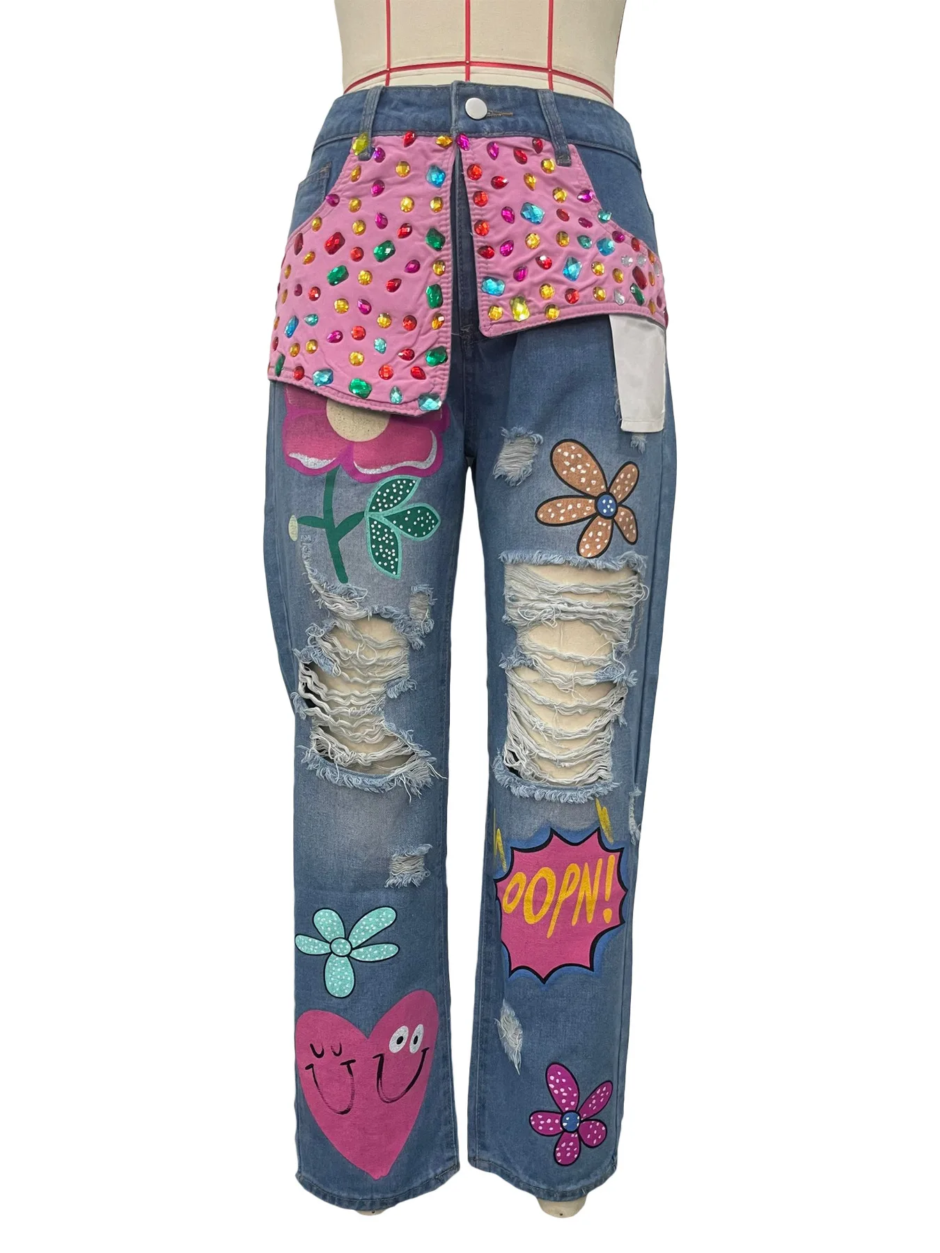Women's Streetwear Spring Hotfix Rhinestone Embellished Printed Ripped Denim Jeans supplier