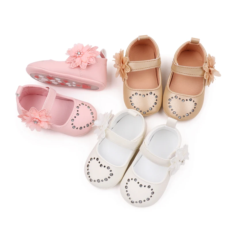 PU Leather Hollow Heart Rhinestones Lace Embroidery Flowers Solid Color Baby Girls Princess Shoes factory
