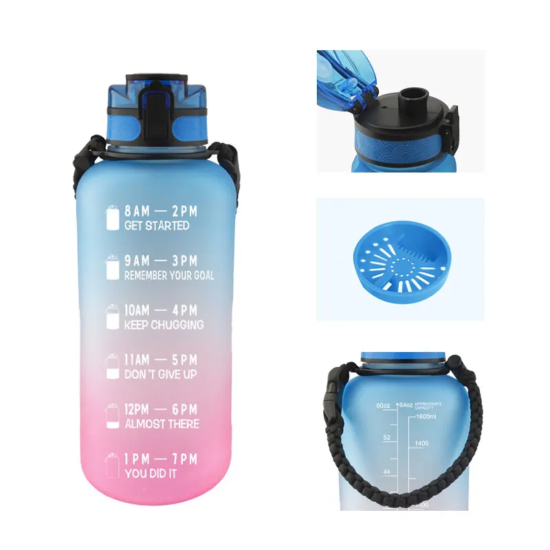 Hot Sell Time Marker Water Bottle 2L Inspirational Gradient Color Bottle 64OZ Rope Strap Customized Gym