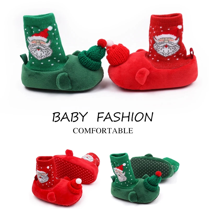 Christmas Solid Color Warm Cartoon Santa Snowflake and Fuzzy Woolly Hat Baby Warm Soft Soled Socks Shoes manufacture