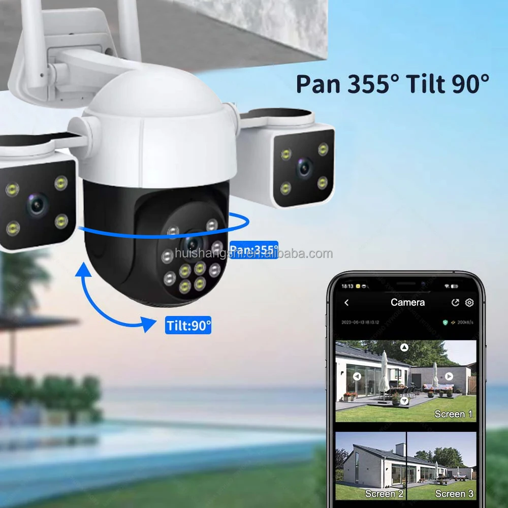 6K 12MP WiFi IP Camera Outdoor Three lens Panoramic View PTZ IP Camera AI Tracking Security Protection CCTV Video Surveillance