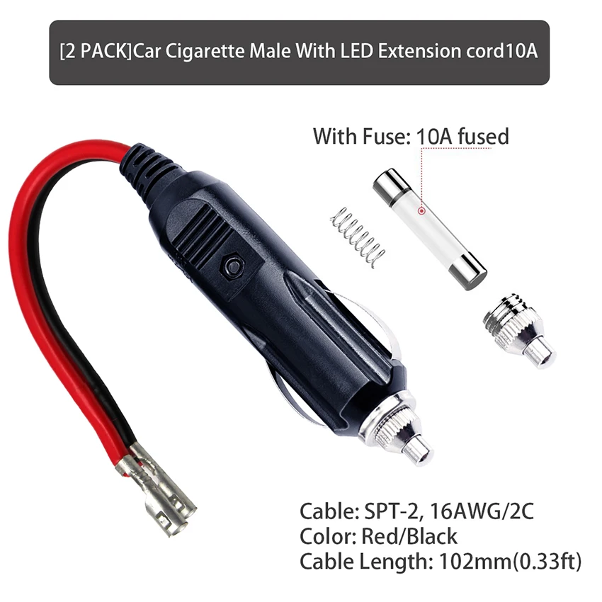 15a Fuse 12v Spt-2 Cable Car Cigarette Lighter Male Plug Tail Wires Terminals Connector Extension Cord