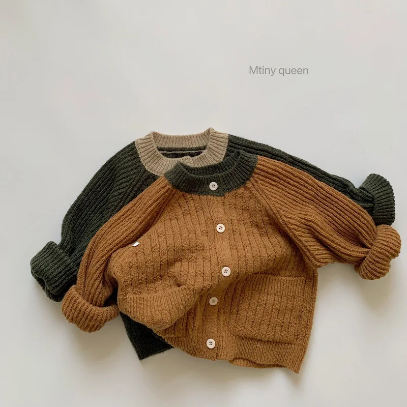 Kids sweater contrast color knitted cardigan autumn 2022 children sweater coat baby girl loose sweater cardigan