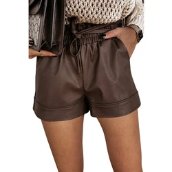 Fashion Workout Black Brown PU Leather Belted Women's High Waist Leather Shorts for Women