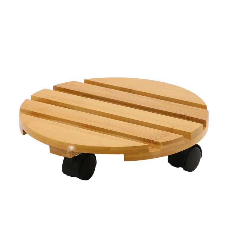 Hot sale rounder bamboo wooden flowerpot stand rack Flowerpot Tray Removable  flowerpot holder with wheels