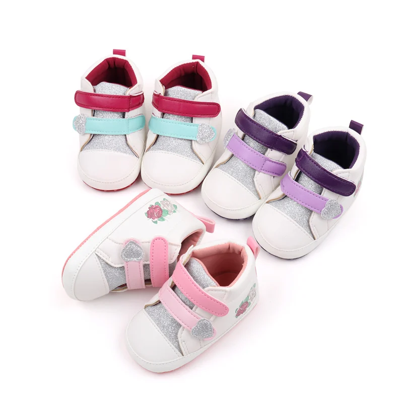 Glitter Heart Baby Girls Rose Print Pattern Different Colors Double Hook and Loop High Top Casual Shoes details