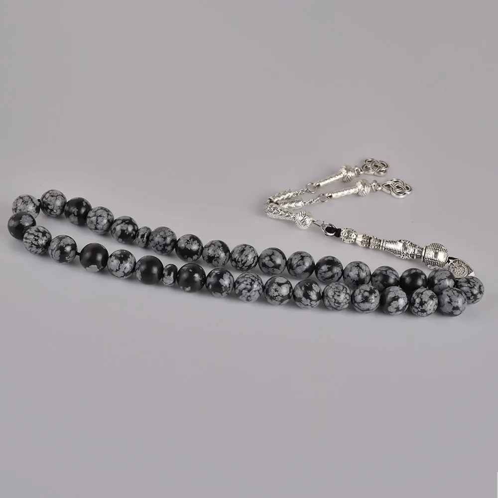 YS315 Beads Islamic Mala Round Shape Stone Rosary Necklace 10mm Snow Muslim Bracelet Prayer   Ornament For Wedding Gift
