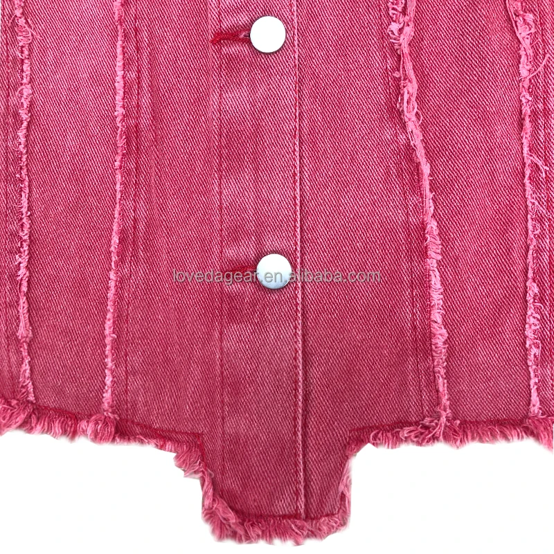 Rose Red  Beading Pearls Distressed Sleeveless Button Up Cropped Jean Jacket Slim Fit Denim Vest For Woman