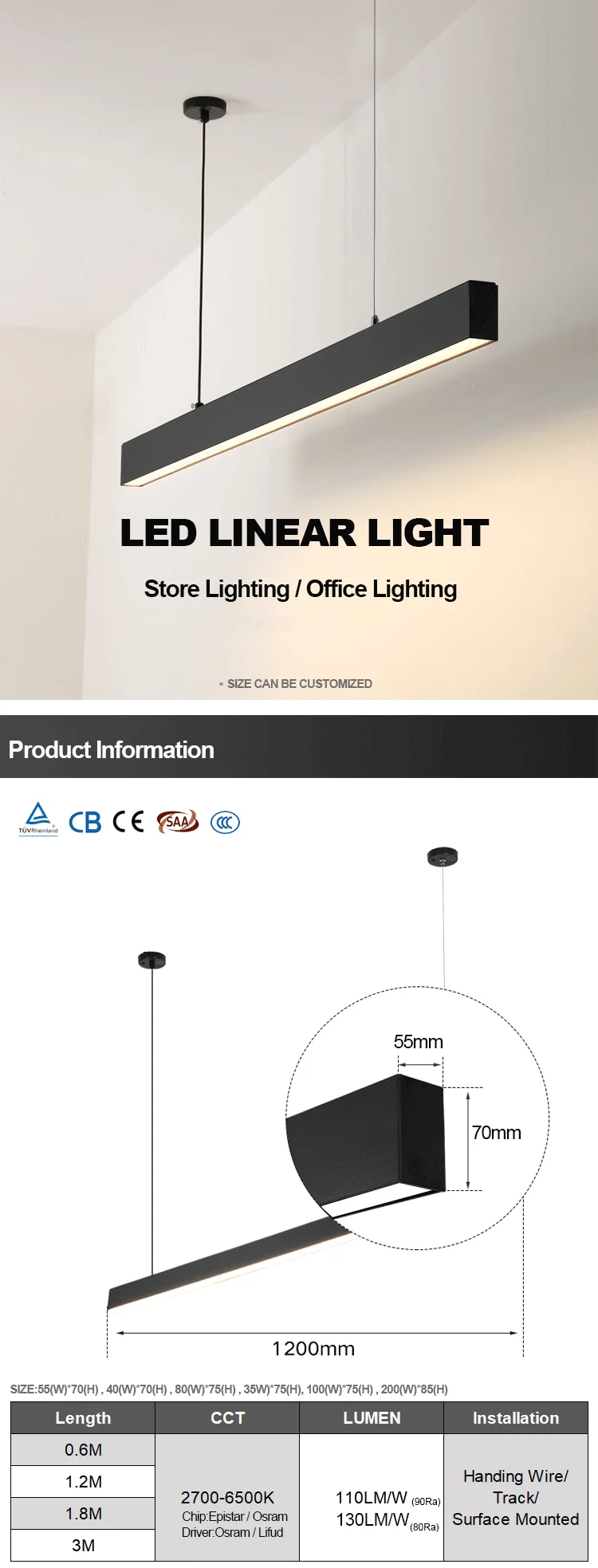 High quality aluminum 20W 40W LED linear light led linear ceiling light 1.2m 1.8m 4ft 8ft led shop light