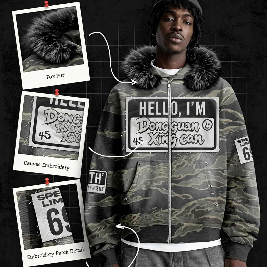 product oem custom heavyweight camo zip up hoodie with fur collar applique embroidery rivet cargo pockets for men 100 cotton-2