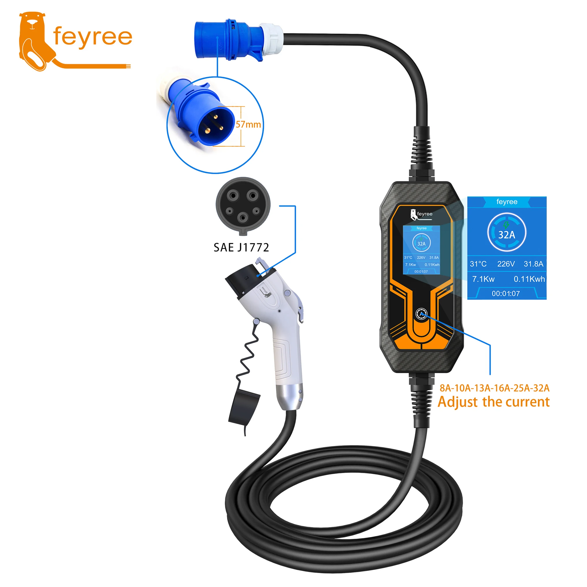 Feyree Portable Ev Charger Wallbox Type2 Cable 32a 7kw With Cee Plug Evse Type1 Charging Box 3846