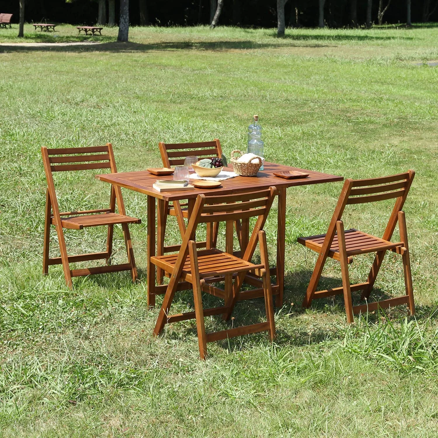 Garden Wood Folding Furniture Table and Chair Set Portable Waterproof Bamboo Wood Foldable Dining Table with Chair Sets Outdoor