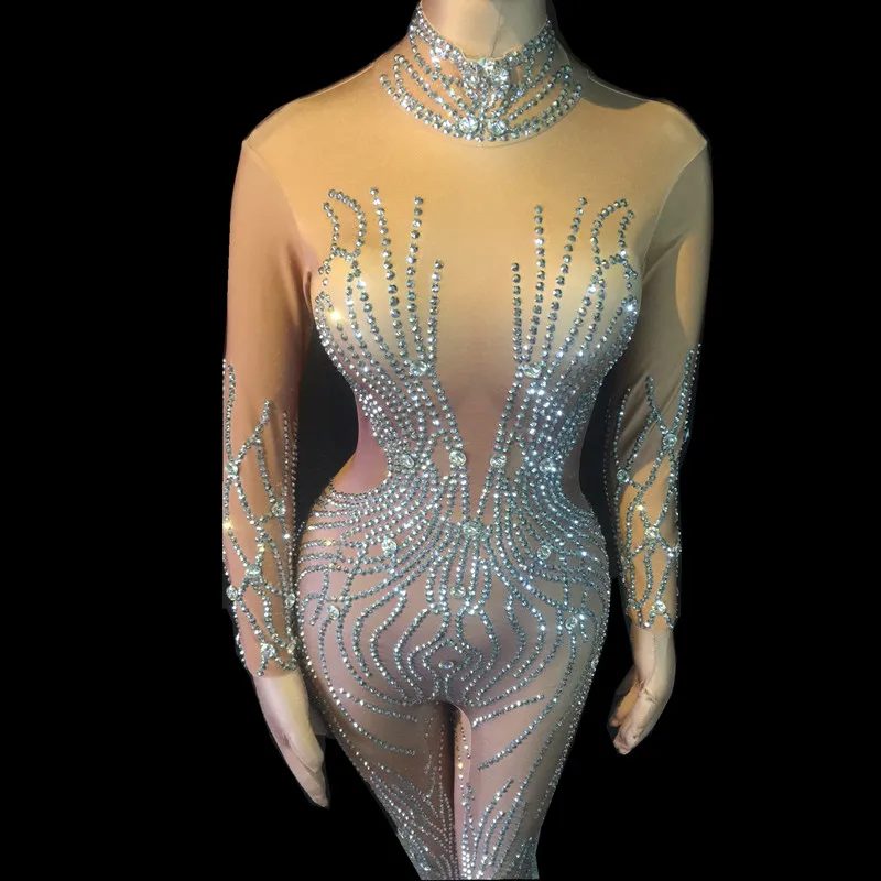 Sexy Women Costume Stretch Skinny Nude Rhinestones One Piece Jumpsuit