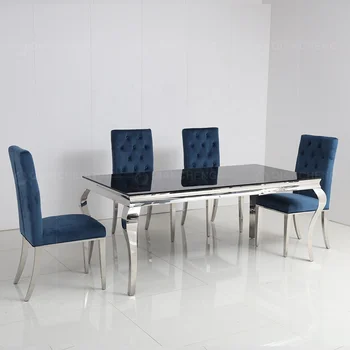 Contemporary ss furniture hotel restaurant tabels rectangular long glass top dining table and 6 chairs