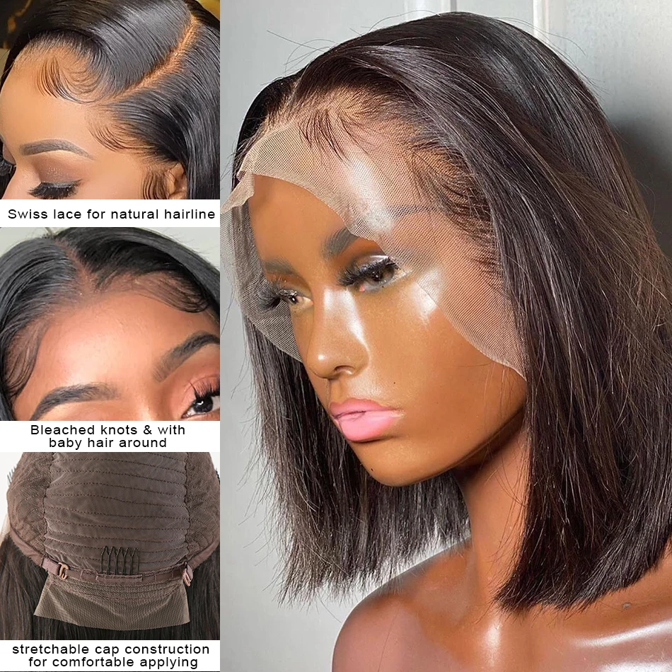Brazilian 13x4 13x6 Bob Human Hair Wigs Pre Plucked With Baby Hair Remy Bone Straight 180% 250% Short Bob Wigs For Black Women