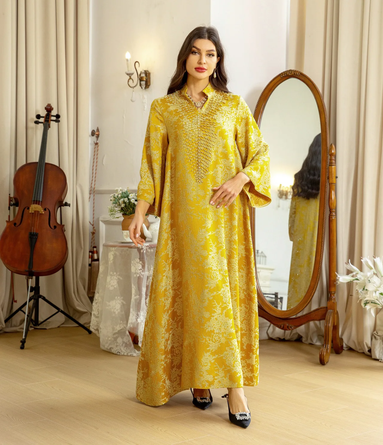 New Eid Muslim Dress for Women Beading Stand Collar Jalabiya Party Dress Arab Long Robe Morocco Kaftan Embroidery Luxury Thawb supplier