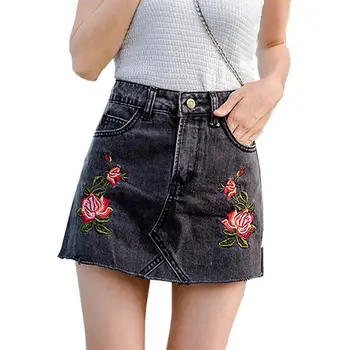 sexy skinny women embroidered denim mini skirt black classic Floral Embroidered Jeans A Line Skirt